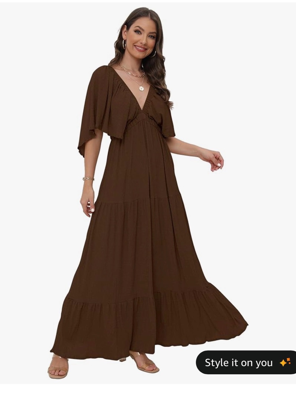 Deep V-Neck Brown Tiered Maxi Dress XS la la maxi look a like